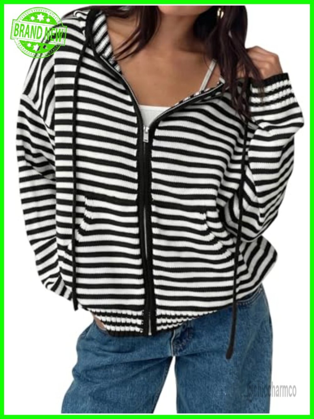 Fisoew Womens Striped Zip Hoodie Oversized Crop Cardigan Sweater Jacket